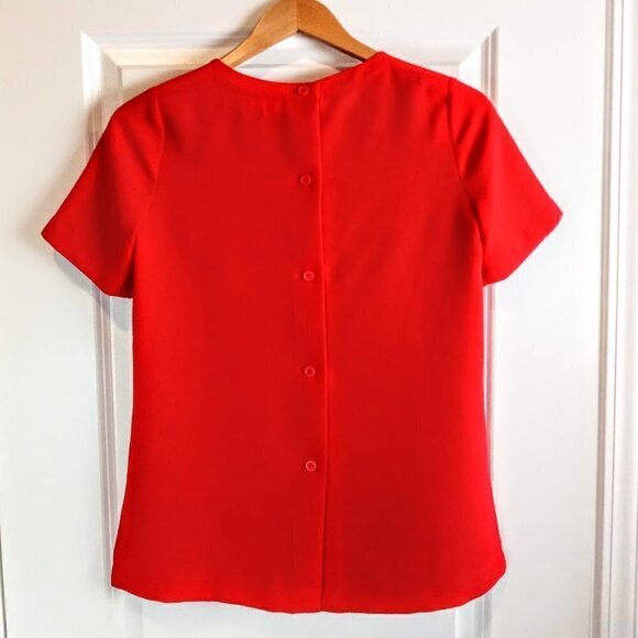 Madewell Industry Button Back Red Short Sleeve Silk Trim Top - Picture 3 of 6